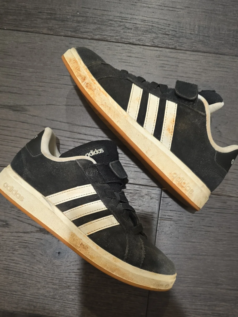adidas Kids Black Suede Sneakers with Cream Stripes and Sole